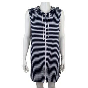 Kim Rogers Hooded Beach Coverup Dress Sleeveless Zip Navy White Stripe